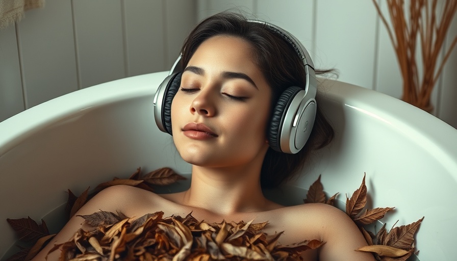 Relaxed young woman in leaf-filled tub practicing Marina Abramović Longevity Method.