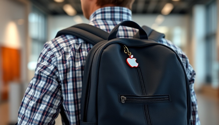 Person wearing a backpack with Apple AirTag, indoor setting.