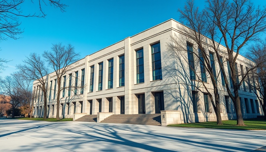 Modern building at an academic event site with winter trees.