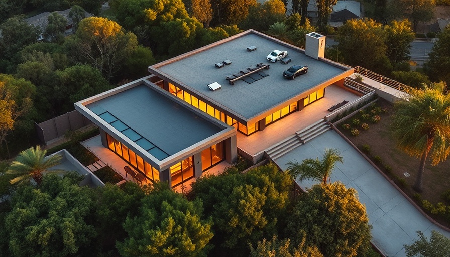 Aerial view of a modern hilltop home in L.A. surrounded by trees.