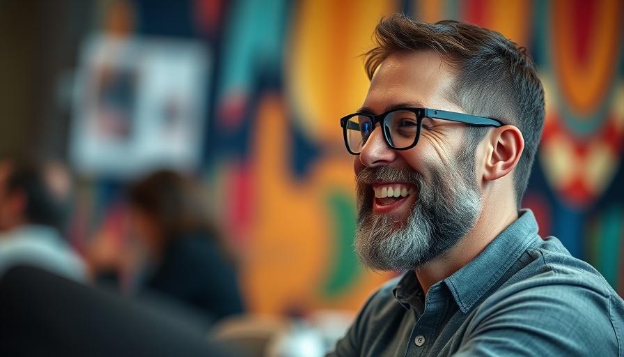 Man smiling warmly in conversation, colorful backdrop.