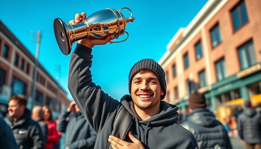 Championship celebration in city, young man with trophy, sunny day.