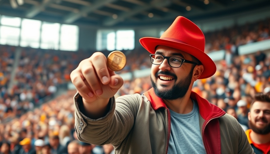 Man flipping coin at stadium amidst funding cuts discussion.