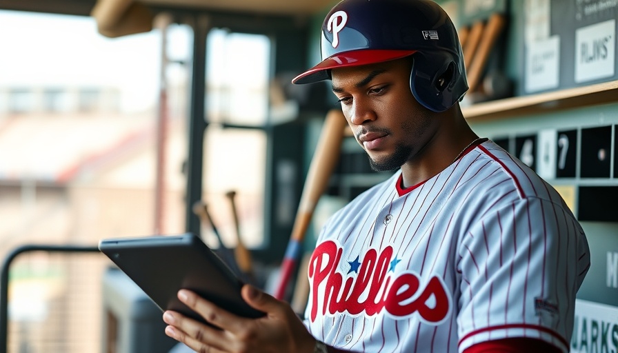 Phillies player in dugout using tablet, relating to Phillies games on Apple TV.