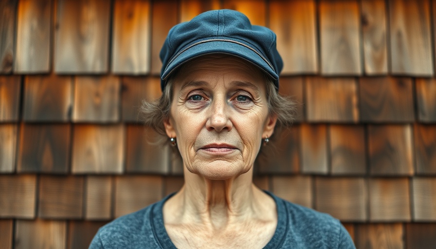 Middle-aged woman in blue cap in front of wooden shingles for Letters from American history.