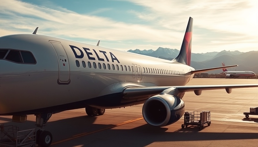 Delta airplane on tarmac with mountains in background, Delta free Wi-Fi rollout 2025.