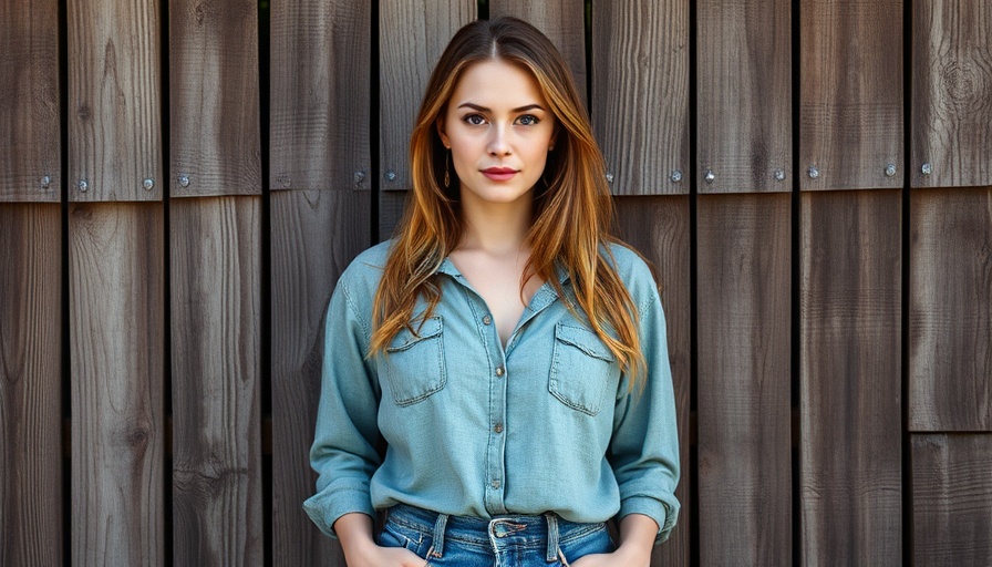 Casually dressed woman in blue cap stands against rustic wooden wall.