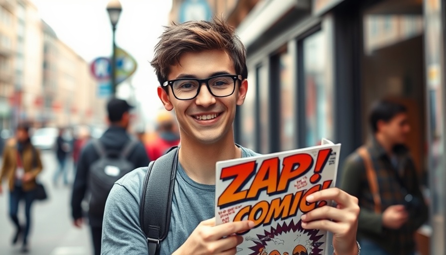 Young man with glasses joyfully presenting Zap Comix, showcasing R. Crumb's impact on American art.