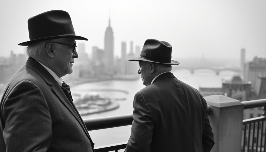 Vintage photo of men with NYC skyline, legacy of Exodus in American history.