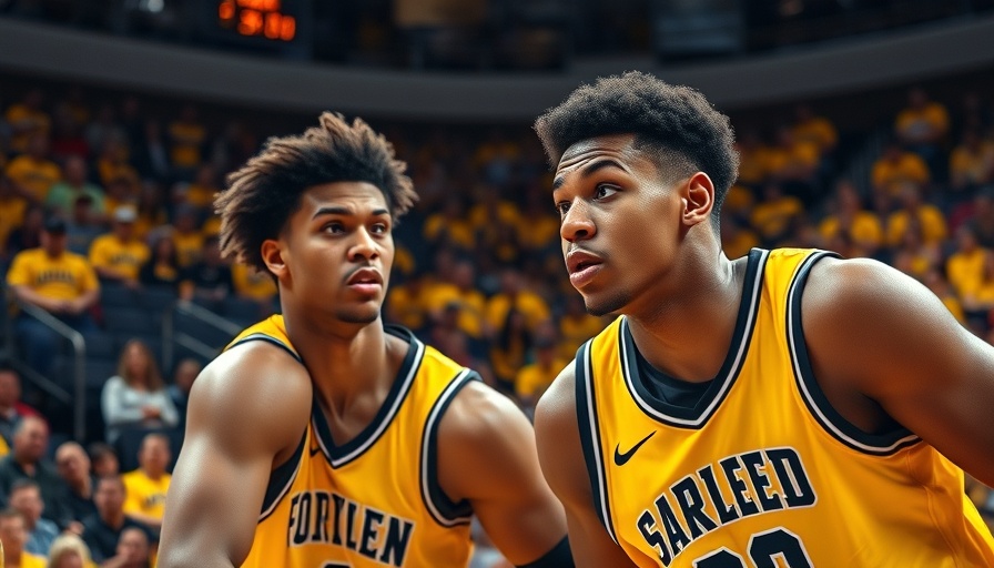 College basketball players in action during intense game, vibrant crowd.