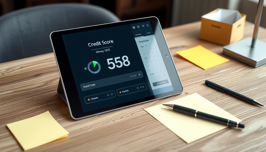 Tablet showing credit score on desk with notes and pen.
