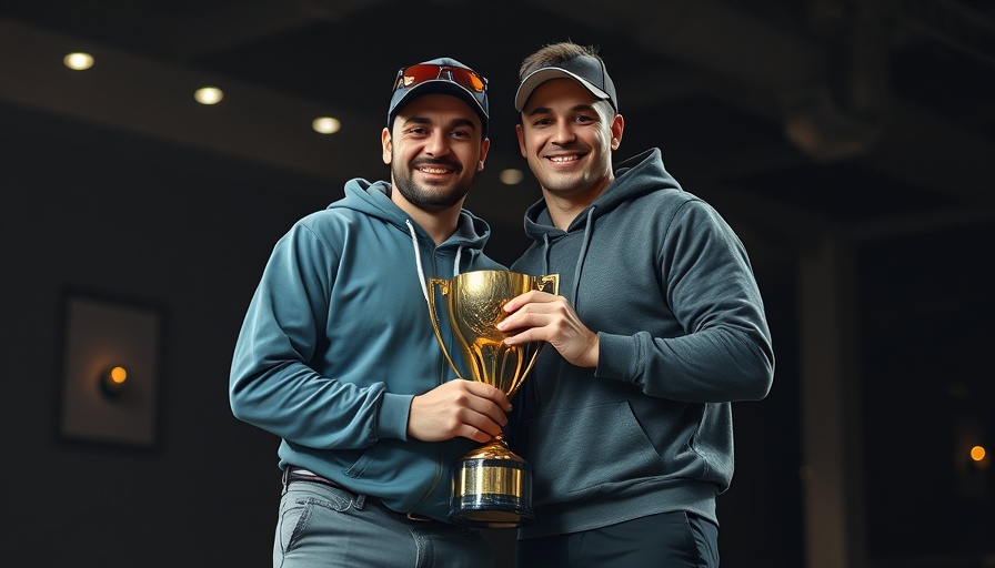 Men in casual clothing celebrating indoors with a trophy.