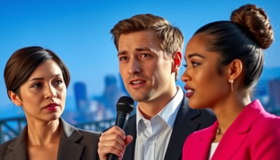 Engaging figures in Oakland mayoral scene with city skyline.