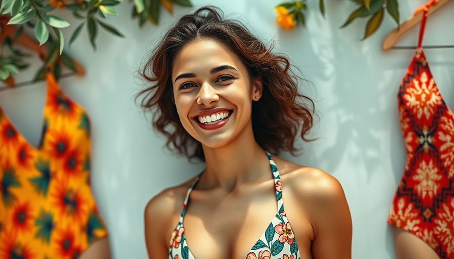 Smiling woman in swimwear, Best Women's Swimsuits for Summer Travel backdrop.