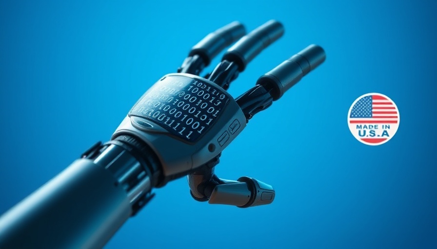 Robotic hand with binary code and 'Made in U.S.A.' sticker symbolizing China vs America geopolitical dynamics.