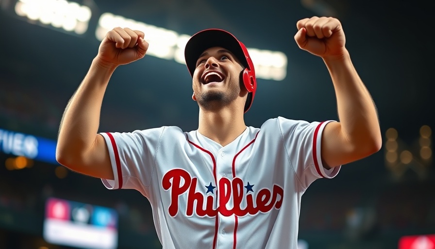 Phillies player celebrates win against Giants, triumphant gesture.