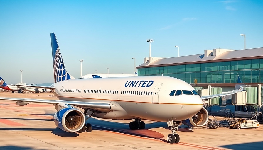 United Airlines plane parked at airport terminal on a sunny day.