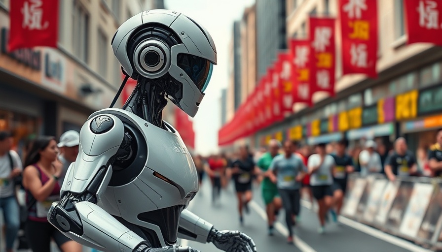 Humanoid robot running a marathon with enthusiastic crowd.