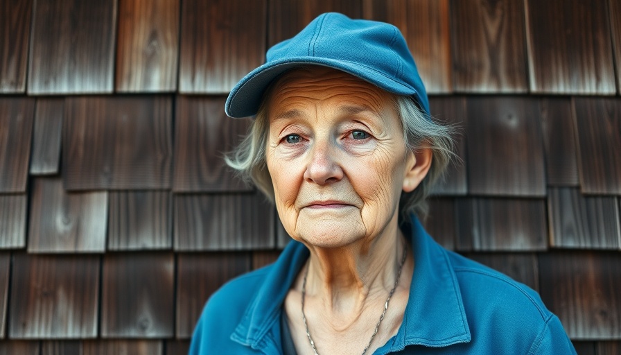 Older woman in blue cap against rustic wooden wall.