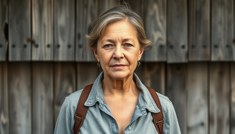 Middle-aged woman in casual attire standing outside.