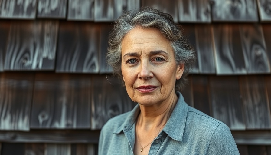 Middle-aged woman illustrating American identity against rustic backdrop.
