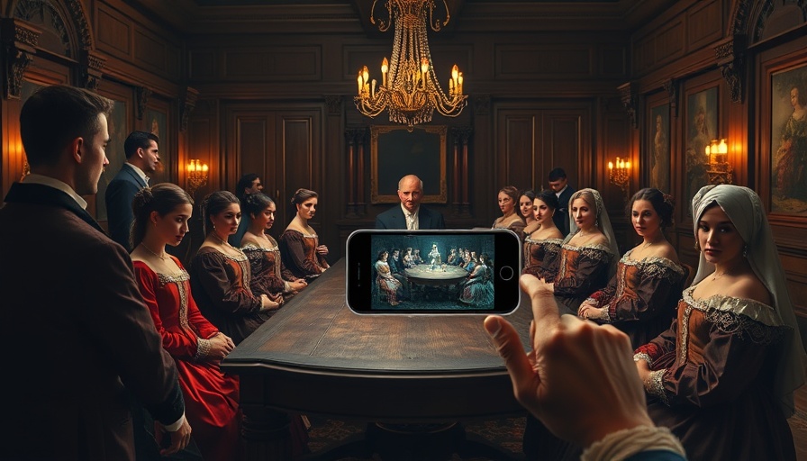 Living online benefits depicted in a Renaissance-style gathering with modern digital elements.