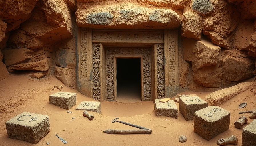 Ancient stone tomb with carvings discovered in archaeological dig.