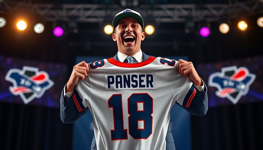 Excited young man holding personalized jersey at NFL Draft stage.