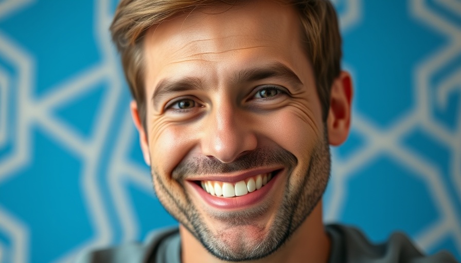 Close-up of smiling man in front of blue geometric background.