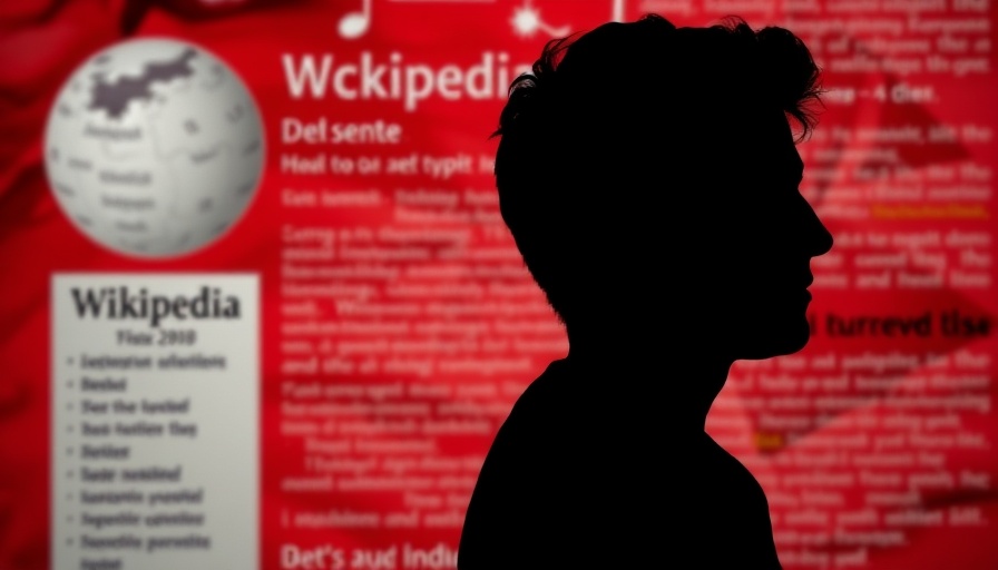 Silhouette person against Wikipedia backdrop, red theme.