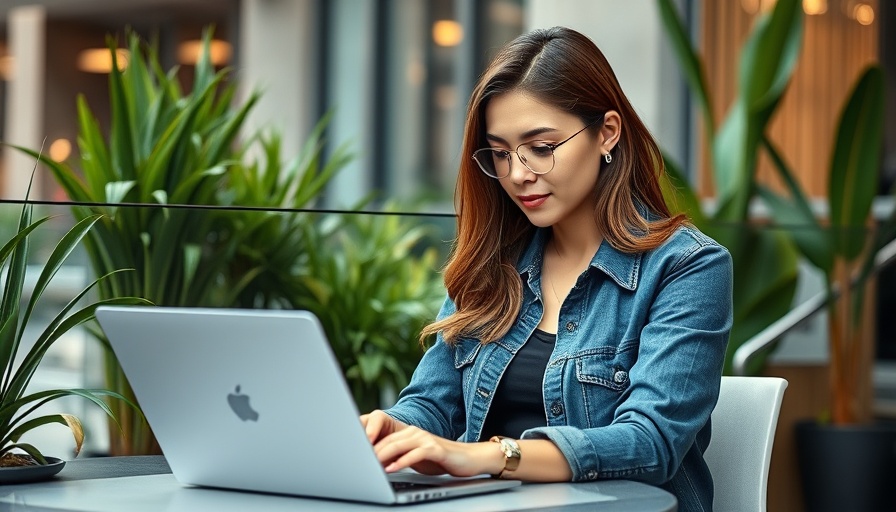 Young woman using ExpertFlyer alerts on laptop on sunny balcony.