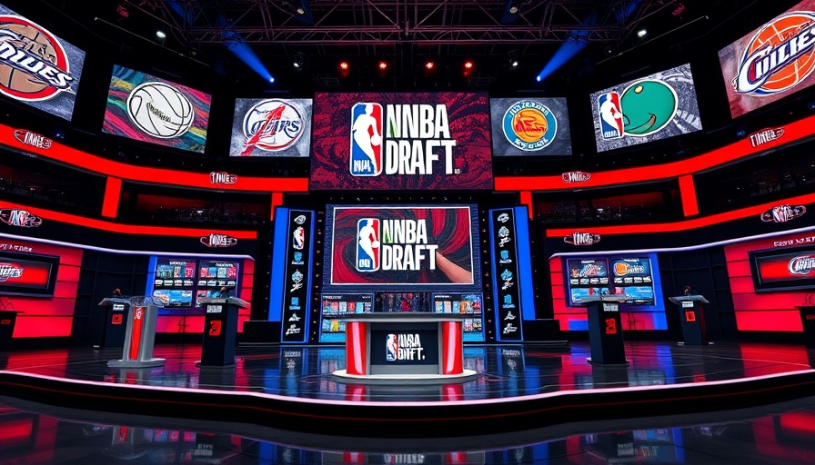 NBA draft lottery stage setup with team logos in vibrant colors.