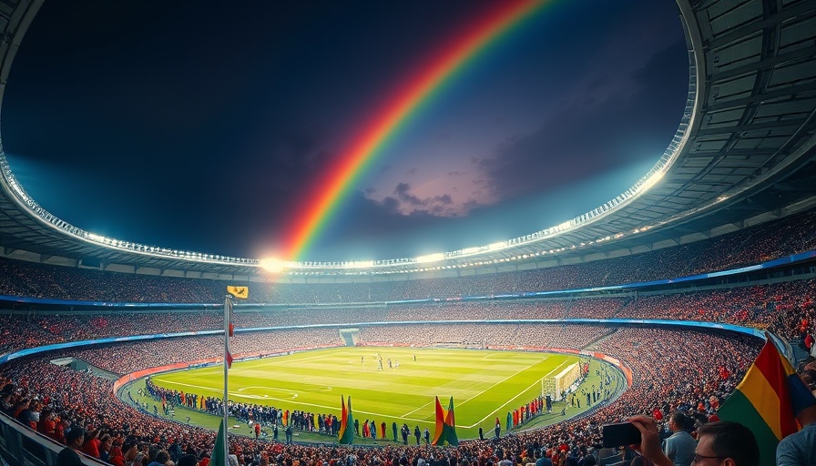 Philadelphia sports stadium with rainbow and flags during game.
