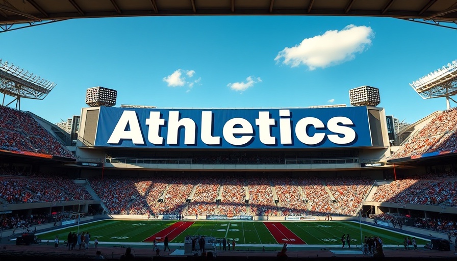 Facade of MLB Athletics stadium with large 'Athletics' banner.