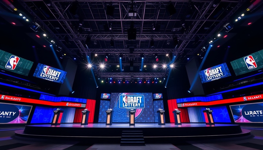 NBA Draft Lottery stage setup with team logos and podiums.