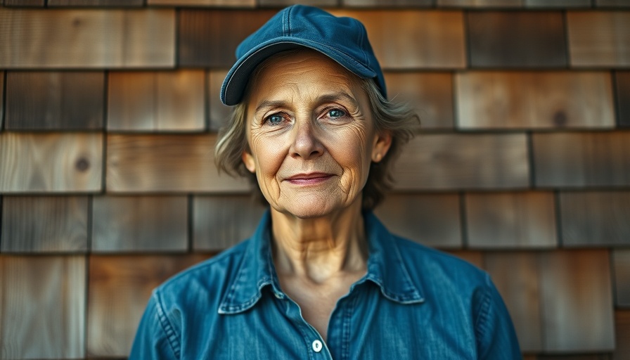 Middle-aged woman in blue cap, calm expression, rustic wooden backdrop.