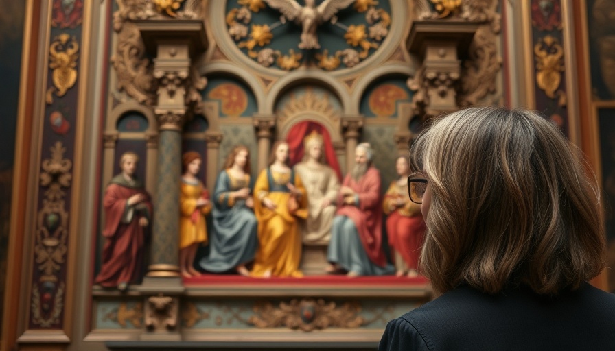 Woman admiring National Gallery altarpiece acquisition, intricate historical art.