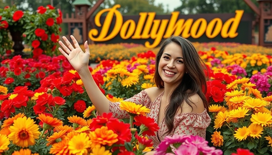 Dollywood 40th anniversary: joyful woman waving among colorful flowers.