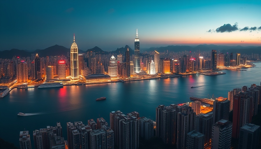 Stunning Hong Kong skyline at twilight reflecting on harbor.