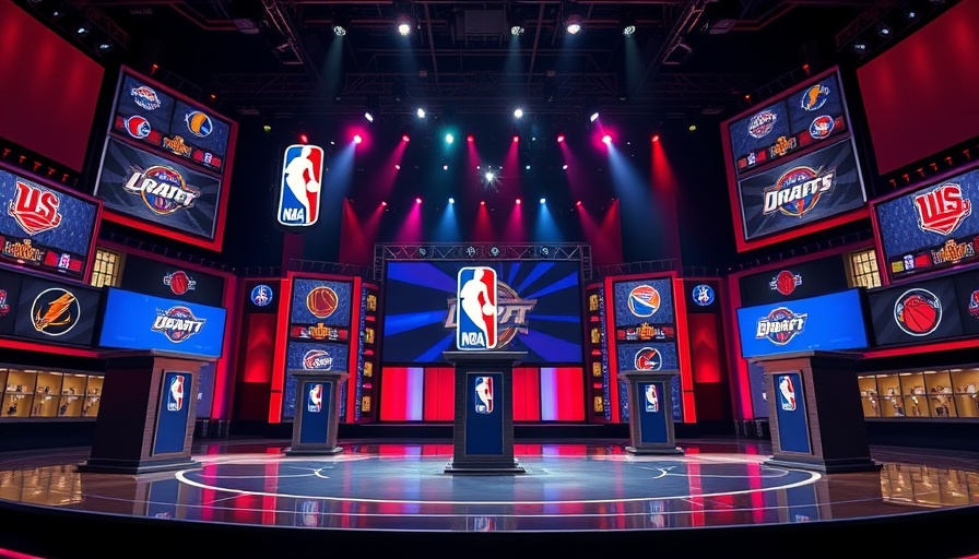 NBA draft lottery stage with team logos and podiums.