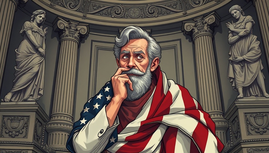 Surreal cartoon of a man pondering in a classical setting with American flag.