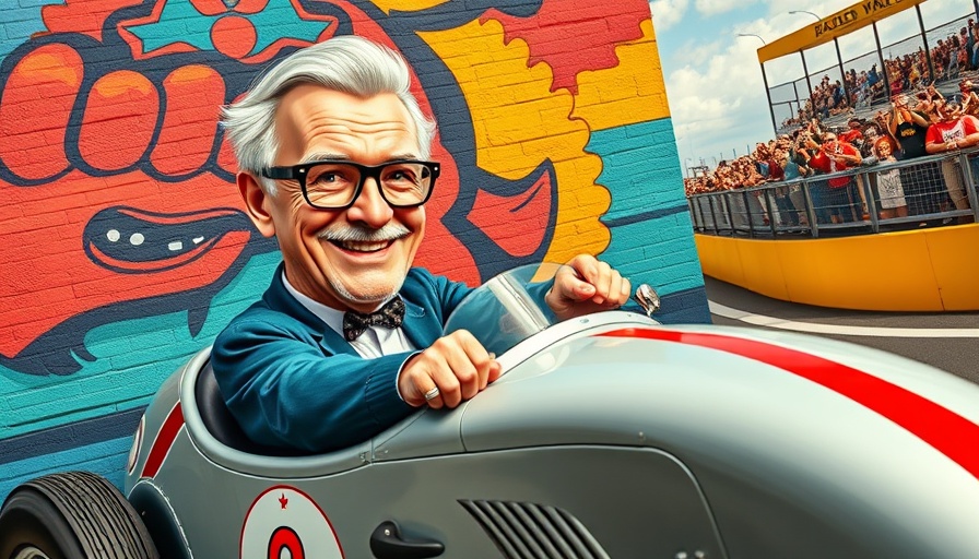 Mural of vintage racing car with caricature driver at Marmon event.