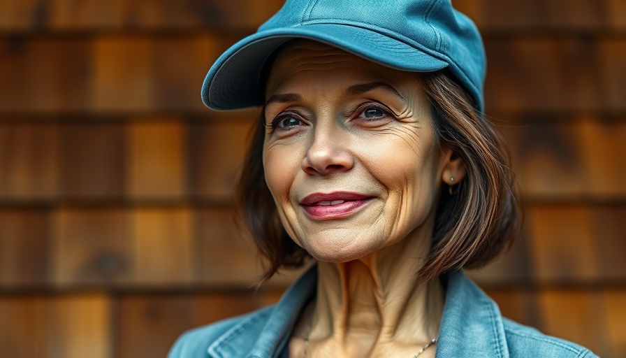 Mature woman wearing a blue cap standing against a wooden wall.
