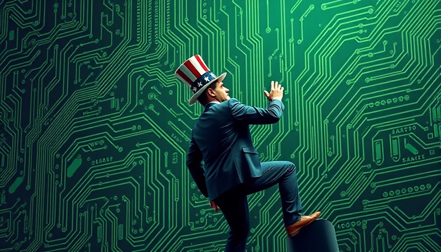Symbol of Uncle Sam climbing a circuit board, relating to Sanctions Against China.