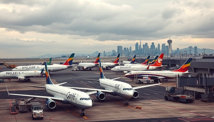 Airplanes at Newark Airport with NYC skyline visible.