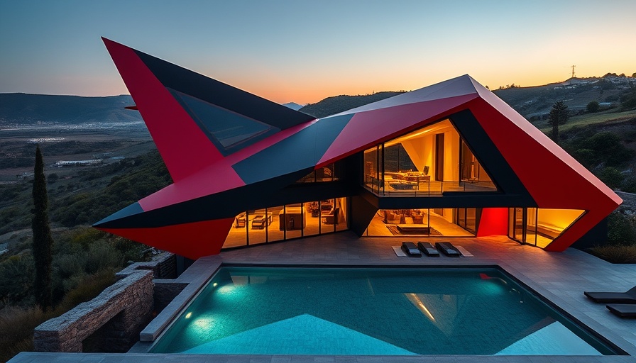 Modern Malibu flight-inspired home with angular design and pool.