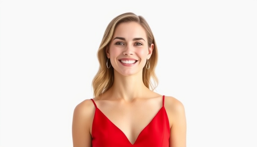 Frances Wang smiling in red dress, white background.