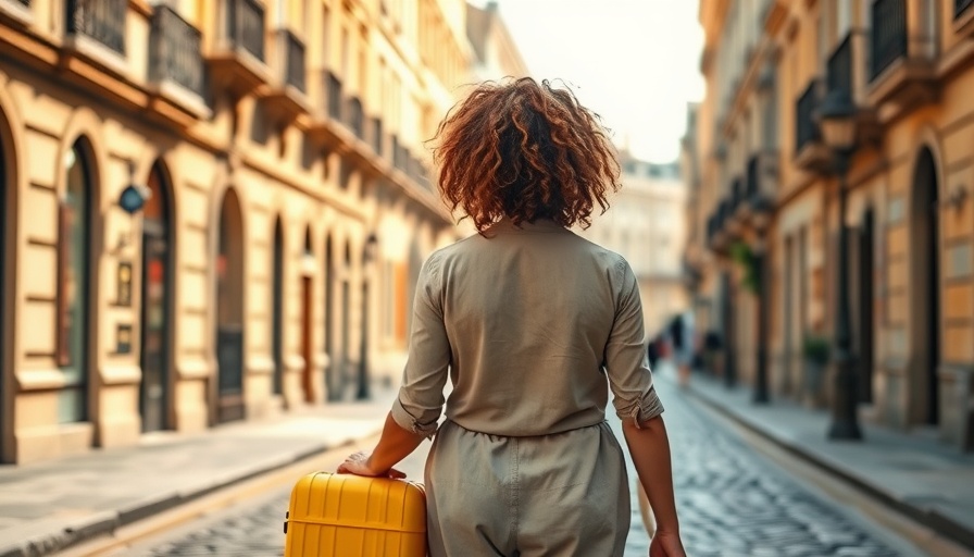 Traveler with yellow suitcase exploring a picturesque European street, embodying the spirit of the American Express Green Card current welcome offer.