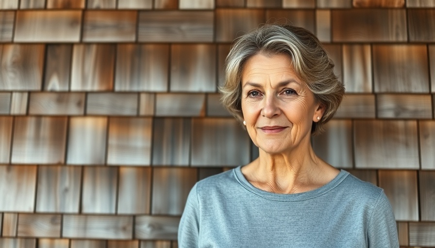 Middle-aged woman in front of rustic wood wall, civic engagement.