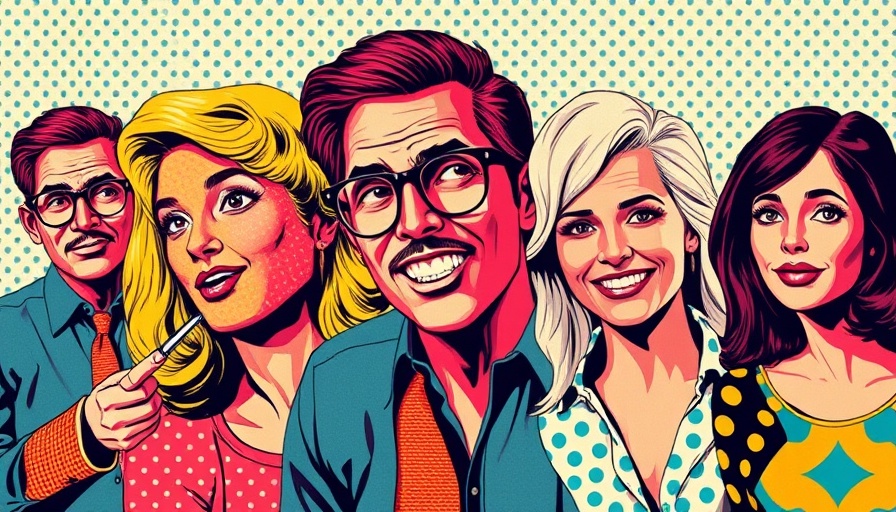 Pop-art collage depicting age-gap relationships with modern elements.